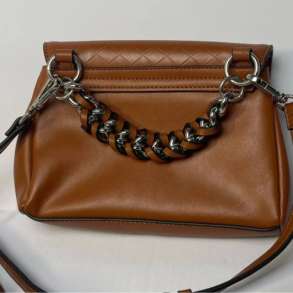 Guess Tan Leather Crossbody Bag Silver Braided Chain Handle EUC Like New